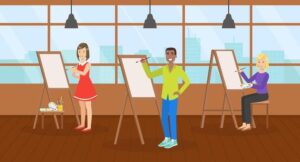 young men and women painting on canvas at easel during art class creative people profession or hobby illustration vector